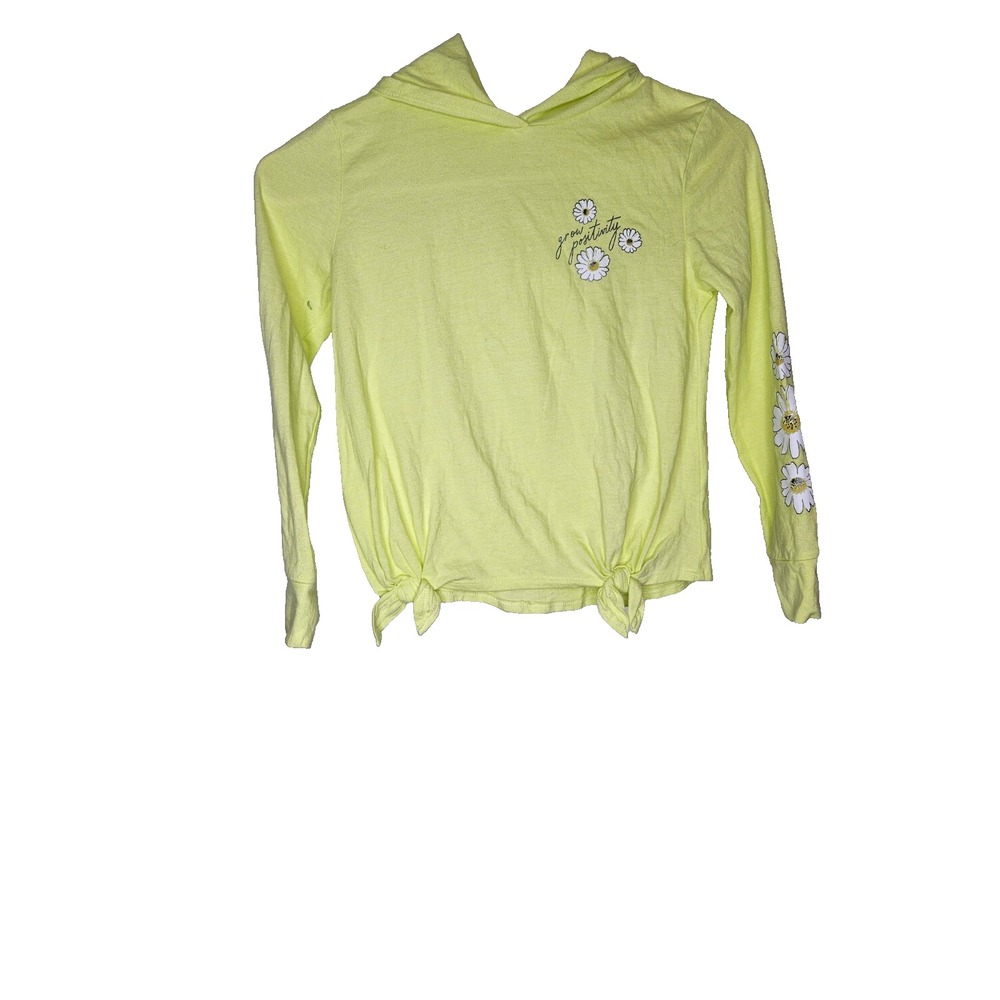 SO Girls Neon Yellow Hoodie Daisy Graphic Tie Hem Casual Positivity Size S 7